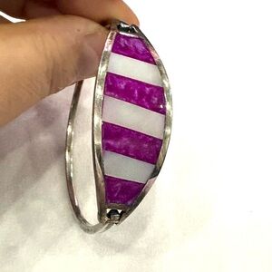 Alpaca silver Pink and White Striped Bangle Bracelet
